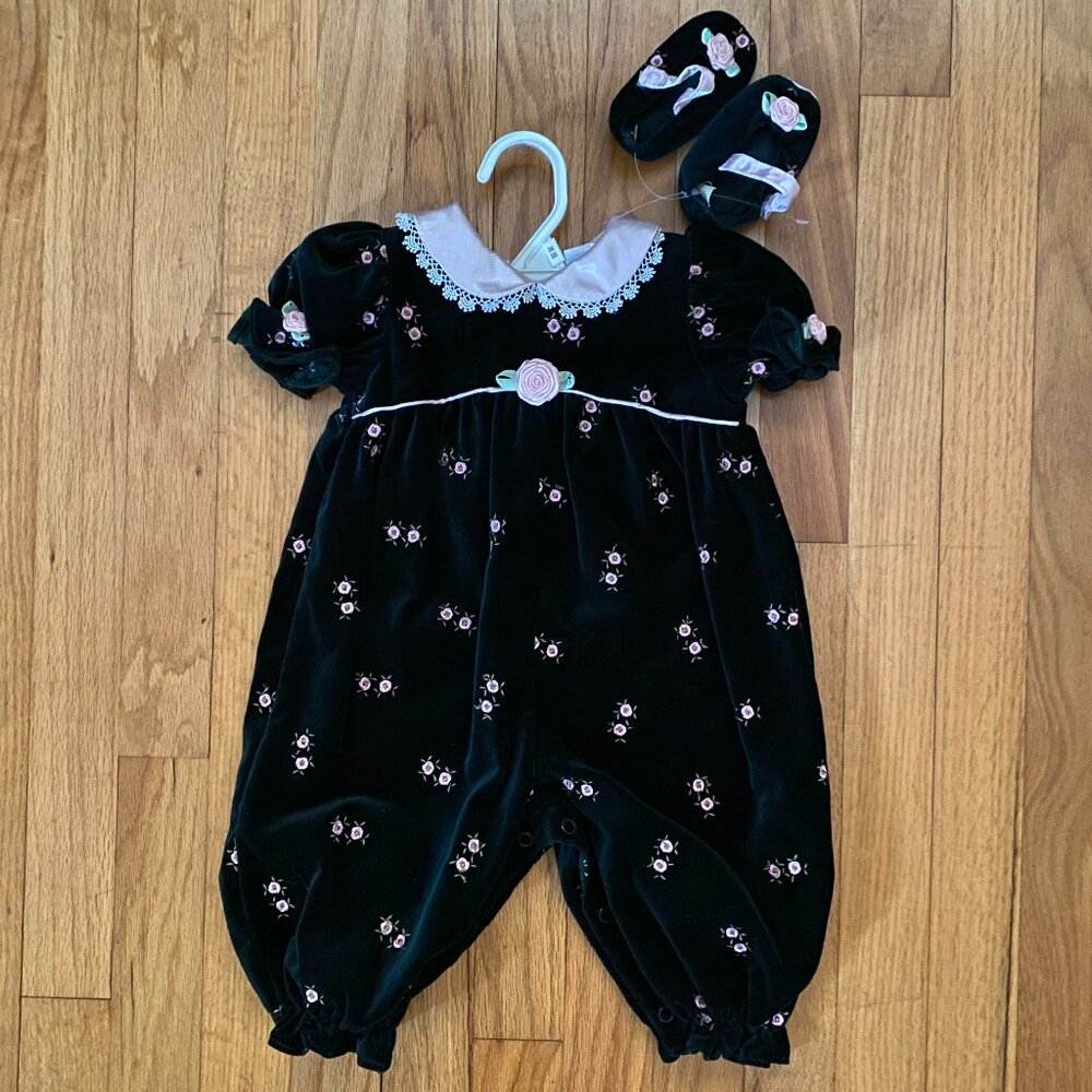 Vintage BT Kids Romper Green Velvet with Pink Embroidered Roses & Booties 3-6 M